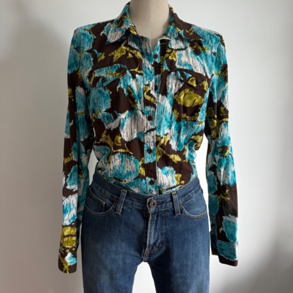 Jones New York Sport - Brown and Blue Floral Long Sleeve Button Down Shirt
